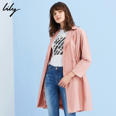 Lily2017春新款女装可爱粉色收腰风衣休闲口袋风衣117129C1908