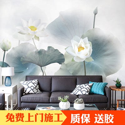 中式电视背景墙纸壁纸5d立体客厅卧室沙发墙布荷花荷叶水墨画壁画