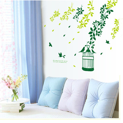 鸟语花香PVC墙贴 卧室客厅沙发电视背景墙贴画 绿色树荫鸟笼壁纸