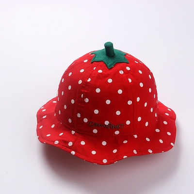 宝宝帽子春夏女儿童遮阳渔夫帽纯棉婴儿防晒帽红色草莓造型防风帽