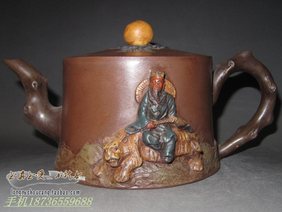 古玩老紫砂壶收藏品 紫泥 全手工 浮雕 泥绘 八仙 民间收藏老茶壶