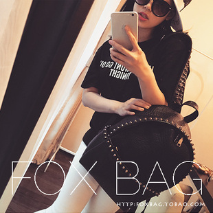 [foxbag]女包2015新款时尚韩国风韩国东大门柳钉水洗皮双肩背潮包