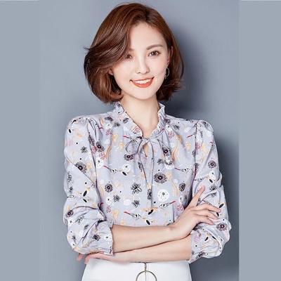 韩版新款长袖秋装时尚木耳领蝴蝶结系带雪纺气质打底衫蕾丝衫包邮