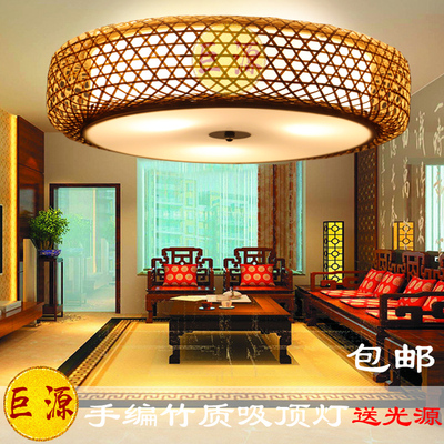 新古典现代中式东南亚田园客厅卧室圆形书房LED竹编木艺术吸顶灯