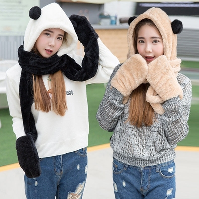 韩版秋冬季加厚毛绒围巾帽子手套一体熊猫三件套装女生儿童围脖