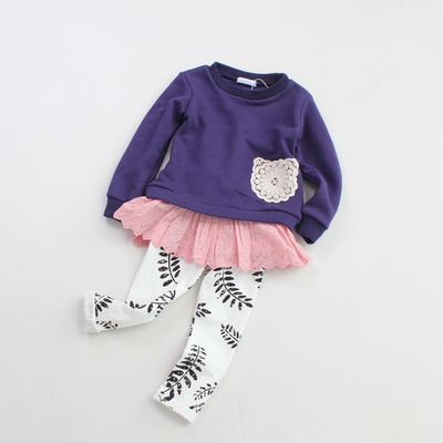女童春季款上衣紫色套头卫衣粉色蕾丝花边儿童纯棉毛圈裙式外套