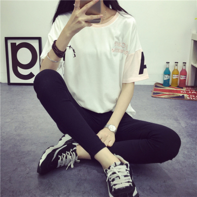 韩版女装2016夏季新款字母刺绣宽松撞色短袖T恤女
