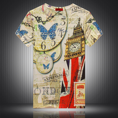 欧美风夏季男士短袖T恤 个性复古米字国旗蝴蝶钟楼表图案印花半袖