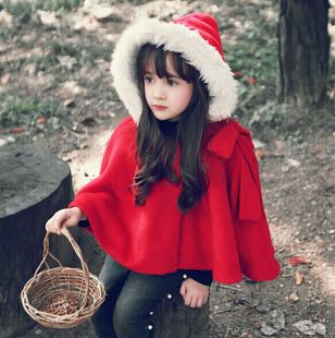 韩国品牌童装 2014秋冬新款 女童呢子加厚外套 圣诞斗篷披风