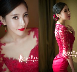 2016新娘结婚半透明露背红色蕾丝镂空鱼尾婚纱礼服长袖性感修身