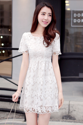 新款2016夏季修身短袖甜美公主白色绣花蕾丝连衣裙