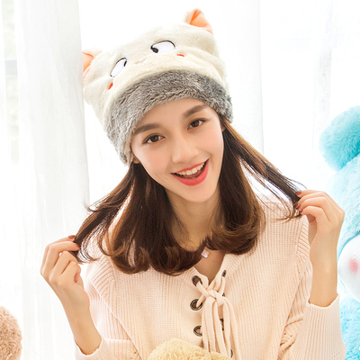 韩版可爱毛绒卡通帽子女冬季保暖加绒加厚韩国秋冬天潮时尚护耳帽