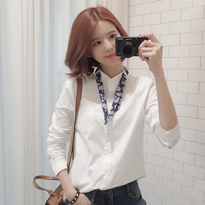 2016春装韩版新款babirolen文艺范修身大码立领领结长袖白衬衫女