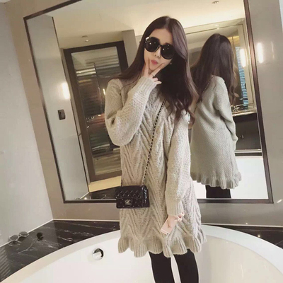2015冬季新款韩版时尚潮流下摆木耳边长款针织毛衣连衣裙女