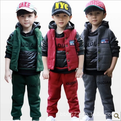 2016韩版女童秋冬款外套男童加厚三件套儿童卫衣套装中大童冬装