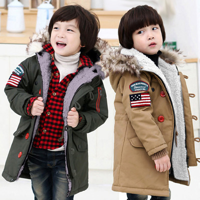 男童风衣外套加厚 2015新款韩版中大童纯色中长款加绒夹棉风衣