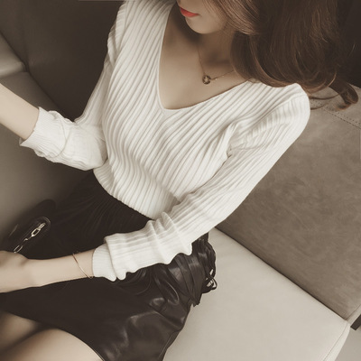 纯色打底衫长袖女白色v领针织衫女套头短款秋季修身上衣韩版百搭