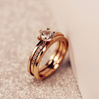 韩国订婚套环钻戒仿真镀玫瑰金六爪锆石戒指结婚情侣戒指女婚戒