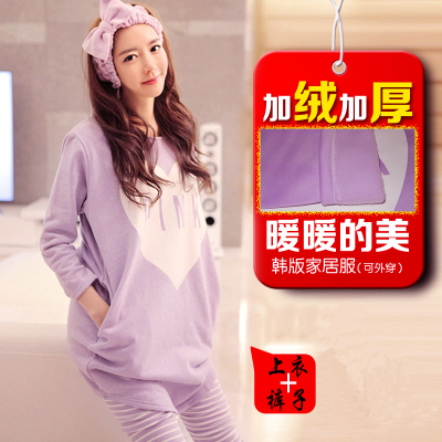 韩版PINK秋冬季加绒卡通针织棉质长袖女士睡衣莫代尔家居服套装