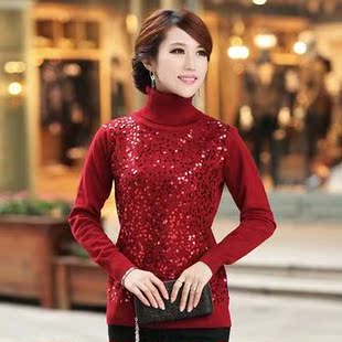 2015秋冬韩版女装亮片套头长袖高领针织衫毛衣女