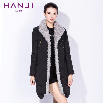 2015新款韩版修身显瘦女款羽绒服中长款大码羊羔毛外翻领冬季外套