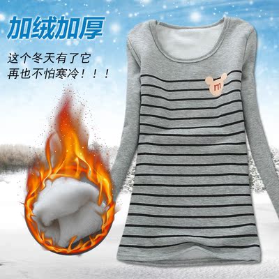 2015韩版秋冬长袖圆领加厚打底衫不倒绒加绒保暖纯棉印花女式T恤
