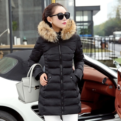 2015冬装新款女装棉衣修身显瘦韩版中长款加厚外套连帽带毛领袄子