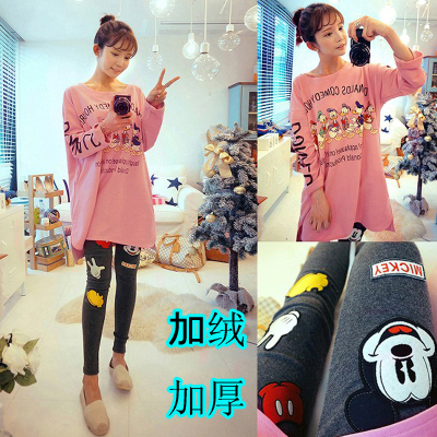 2015韩版可外穿秋季睡衣女纯棉长袖卡通唐老鸭加绒睡衣家居服套装