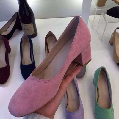 韩国正品女鞋代购2016秋款羊皮真皮马卡龙色粗跟反皮单鞋