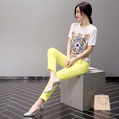 2016夏季新款韩版时尚两件套潮T恤 九分裤修身显瘦宽松休闲运动装
