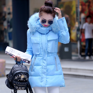 2015冬季新款韩版大毛领羽绒服抽绳棉衣  中长款羽绒棉服外套