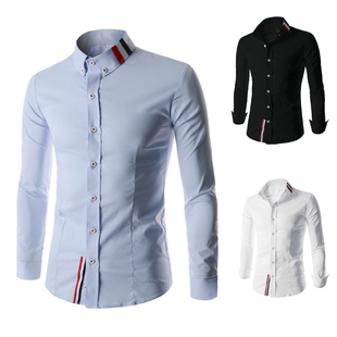 2015新款衬衫 男士时尚彩条拼接衣领纯色修身长袖衫衣