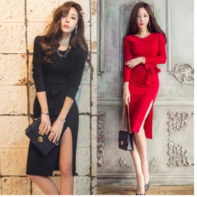 2016春季新品款韩版开叉长袖中长款包臀性感连衣裙