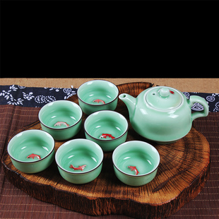 龙泉青瓷鲤鱼茶具懒人自动茶漏套装个人杯陶瓷杯子套装茶杯套装