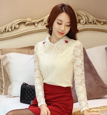 冬季韩版女装娃娃领蕾丝钉珠上衣小衫长袖女士修身加绒加厚打底衫