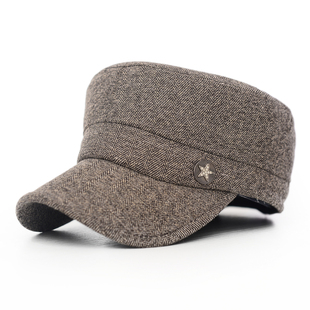 冬季新款男士平顶帽 韩版保暖护耳棉帽中年军帽简约时尚帽子男款