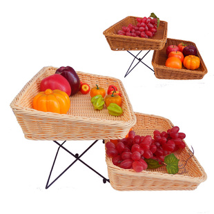 双层梯形面包篮带支架水果篮面包水果托盘长方形仿藤超市展示篮