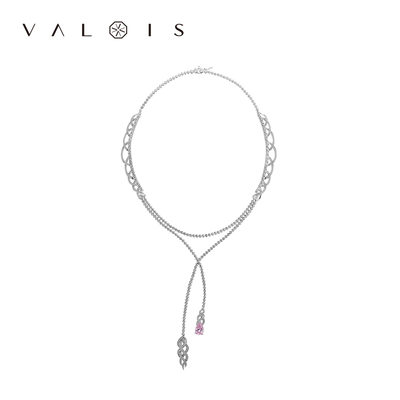 Valois法朵白色锆石圆形粉色水滴形手工925银饰配饰品女项链