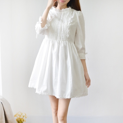 2015秋季新款大码宽松女装文艺全棉修身五分袖学生白色连衣裙清新