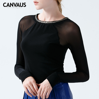 CANVAUS2016秋冬新款网纱拼接镶钻长袖修身打底衫t恤女FS35A