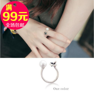 韩国代购日韩版进口首饰品女打结珍珠开口925纯银细款食指戒指环