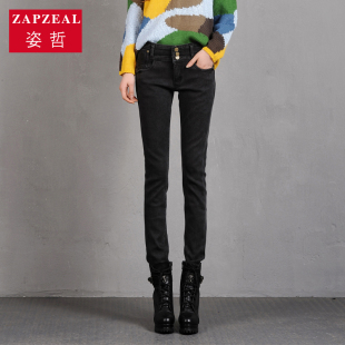 ZAPZEAL/姿哲冬新款加绒加厚排扣高腰修身显瘦牛仔裤女长裤保暖