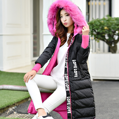 2015冬季新款 韩版貉子毛领时尚字母印花中长款加厚保暖羽绒服女