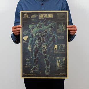 环太平洋 机甲战士 机器人复古设计图纸 牛皮纸海报装饰画51*35cm