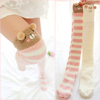 日本单风立体卡通过膝珊瑚绒袜空调房睡眠袜月子加厚保暖长筒袜女