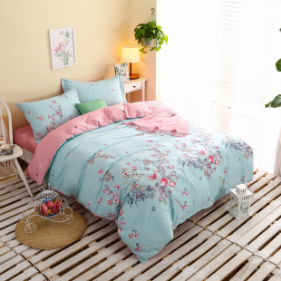 家纺全棉四件套春田园纯棉被套床单床上用品蓝粉1.5m1.8m床品