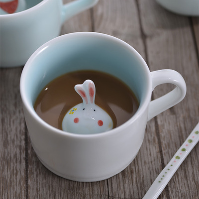 小兔儿童创意可爱动物杯子3d立体马克杯带盖勺简约卡通咖啡牛奶杯