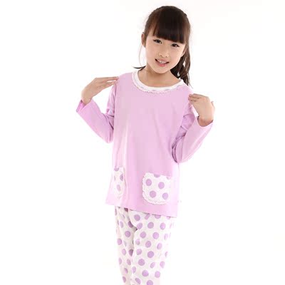 2015新款春秋甜美紫色波点棉质圆领长袖女童睡衣家居服套装