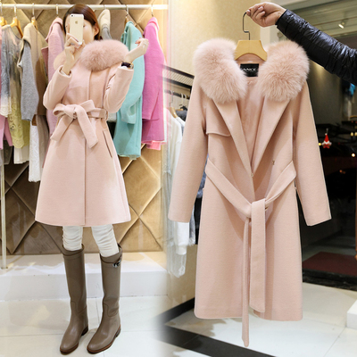 2015秋冬新款韩版系带羊毛呢大衣狐狸毛领中长款修身外套女