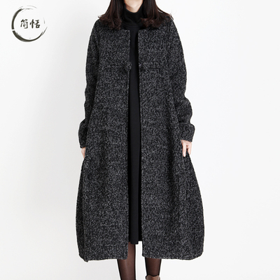 简恬2015秋冬新款羊毛呢子大衣女大码宽松文艺范毛呢外套长款外套